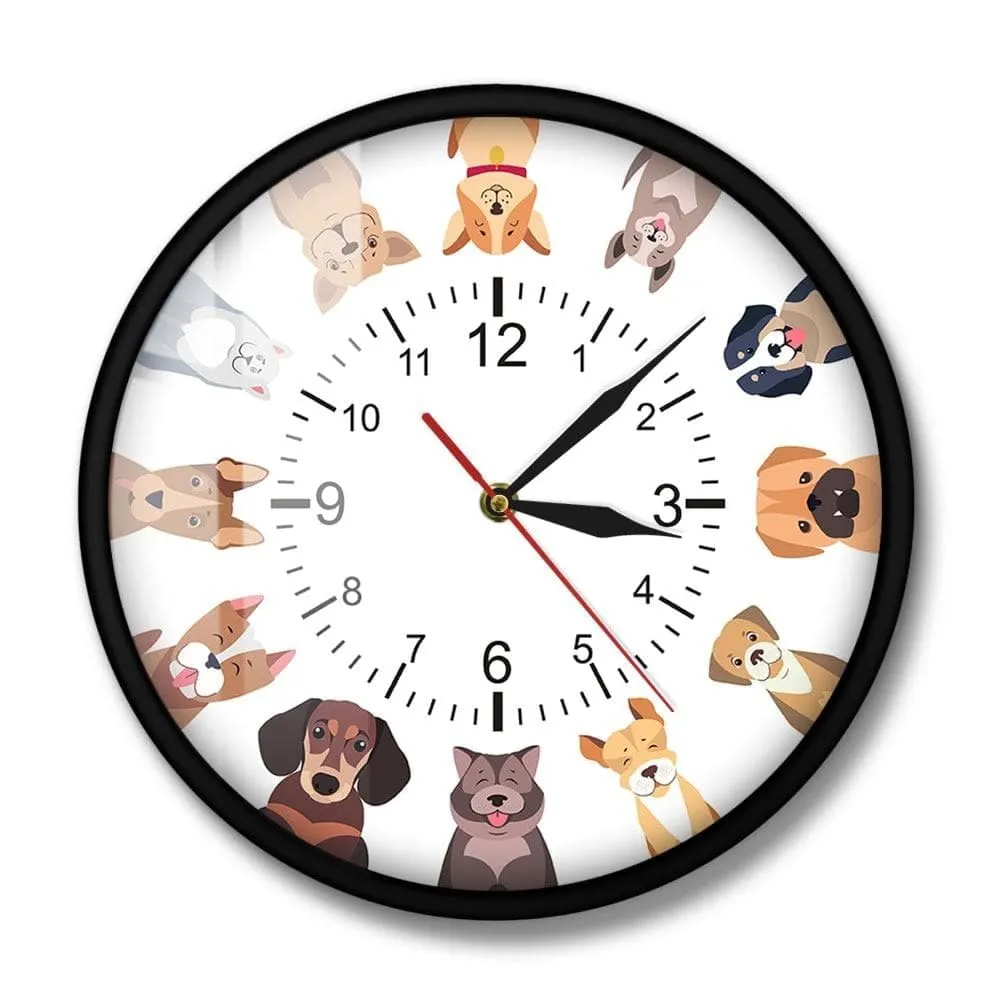 Different Purebred Dogs Cartoon Wall Clock Canine Home Decor Cool Dog Breed