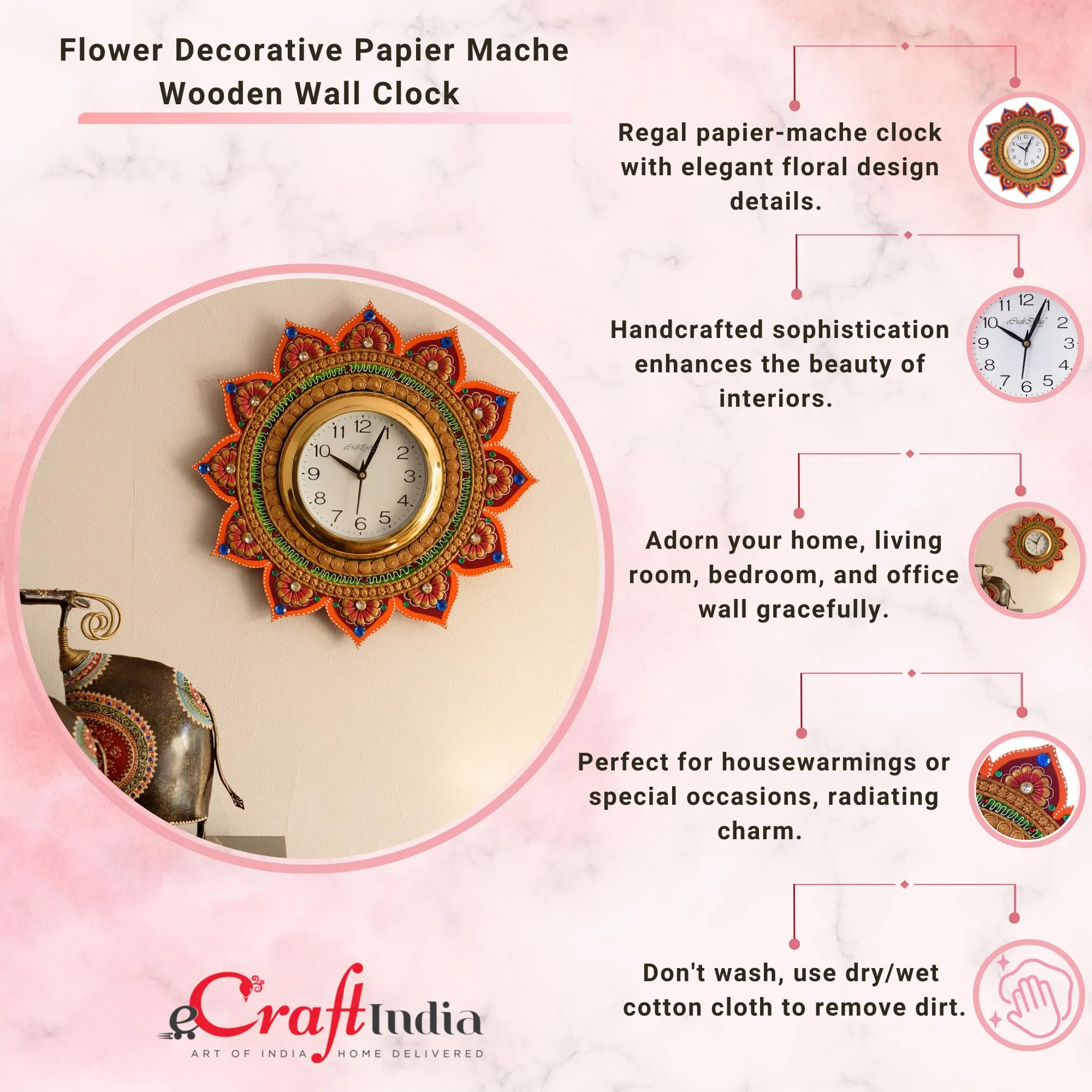 eCraftIndia Royal and Elegant Decorative Wooden and Papier-Mache Wall Clock (35 cm x 2.5 cm x 35 cm)