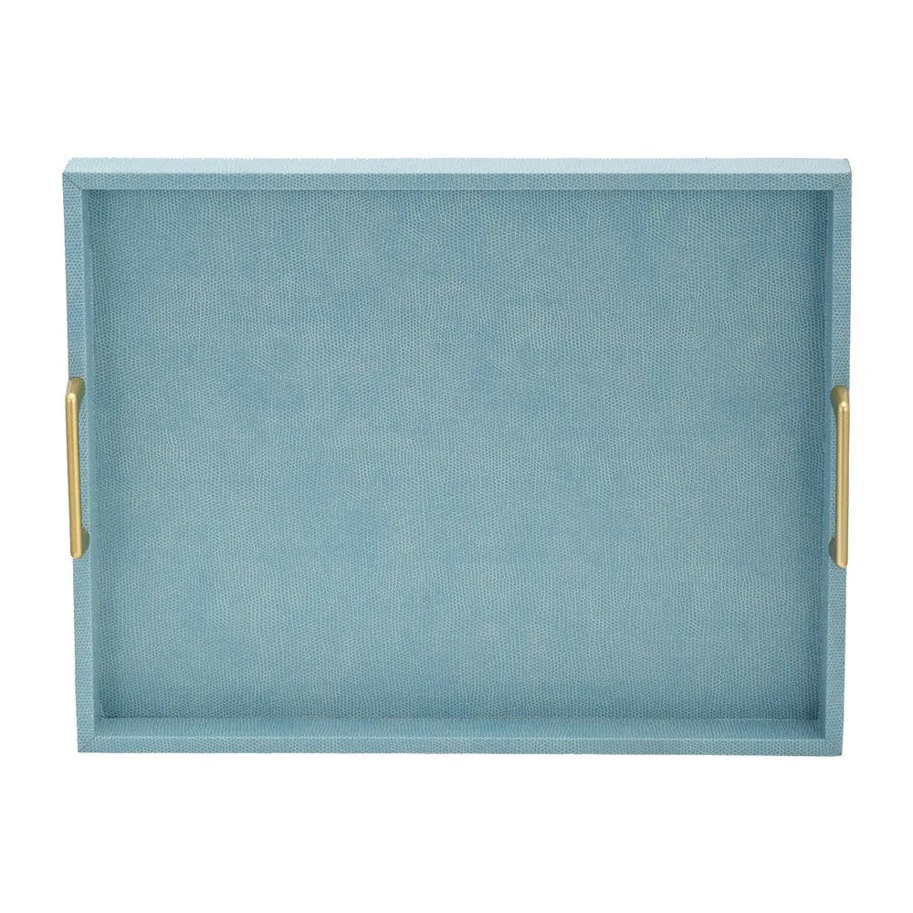 Eli 16, 18 Inch Set of 2 Trays, Stitched, Gold Handles, Blue Faux Leather By Casagear Home