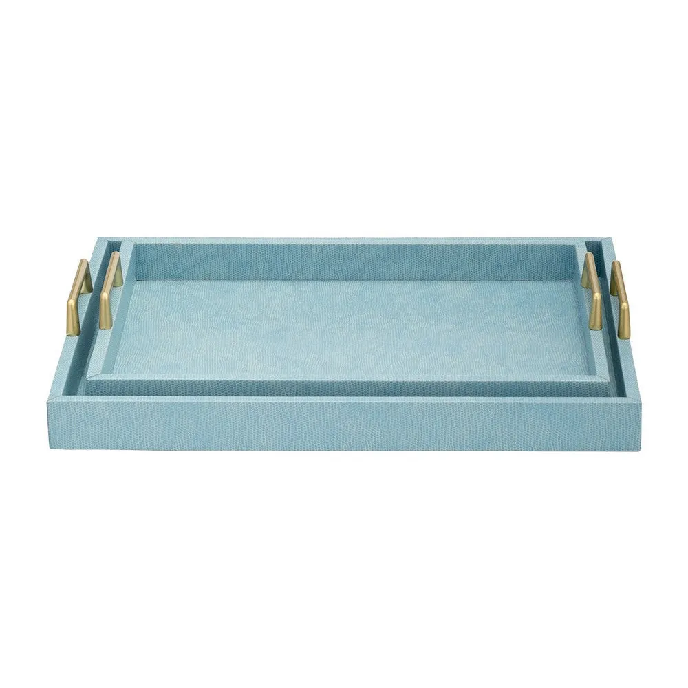 Eli 16, 18 Inch Set of 2 Trays, Stitched, Gold Handles, Blue Faux Leather By Casagear Home