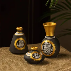 ExclusiveLane Earthenware Decorative Terracotta Flower Vases Pots for Living Room for Home Decor (Black, Golden & White, 9.6 cm x 9.6 cm x 16.2 cm)