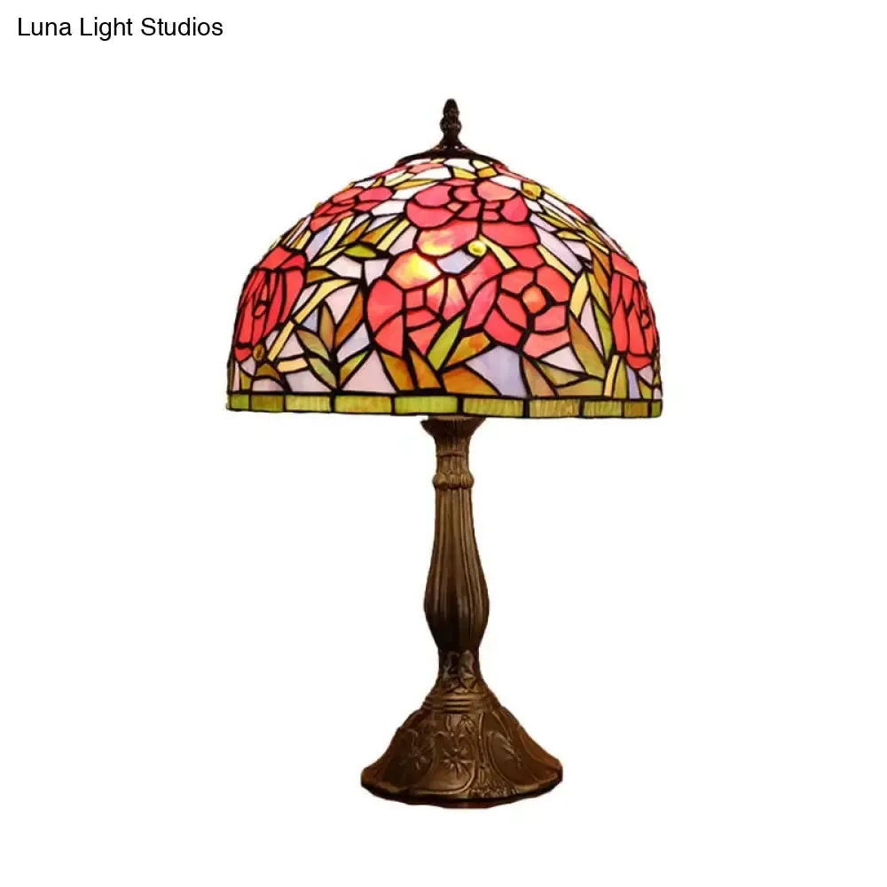 Gaia - Victorian 1 Light Night Table Lamp Victorian Bowl Hand Cut Glass Floral Patterned Nightstand Light in Bronze