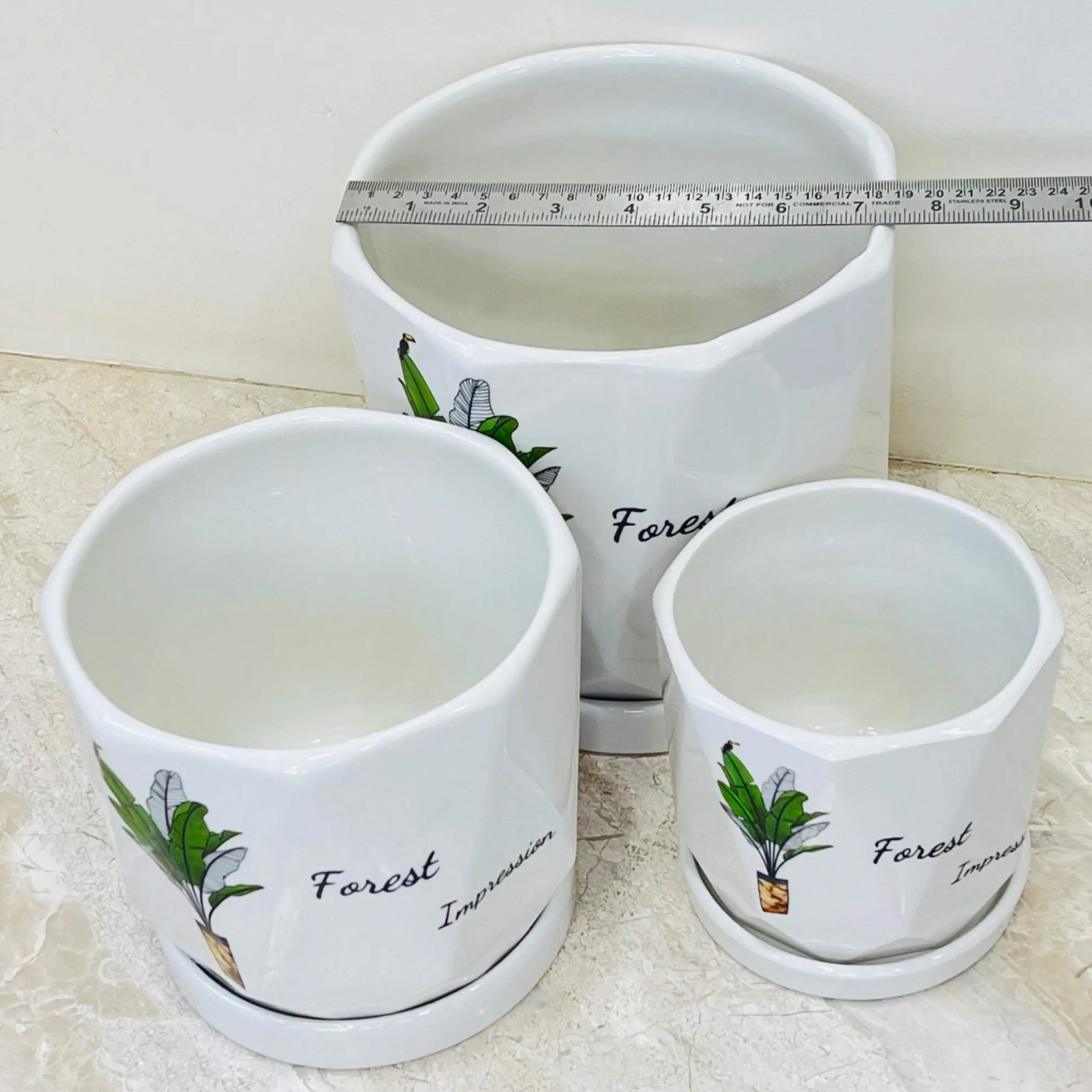 Geometric White Ceramic Planters - Forest Impression Set Of 3