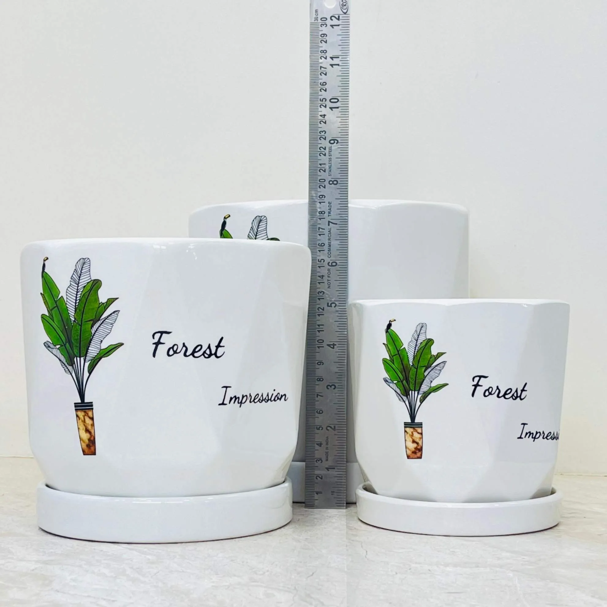 Geometric White Ceramic Planters - Forest Impression Set Of 3