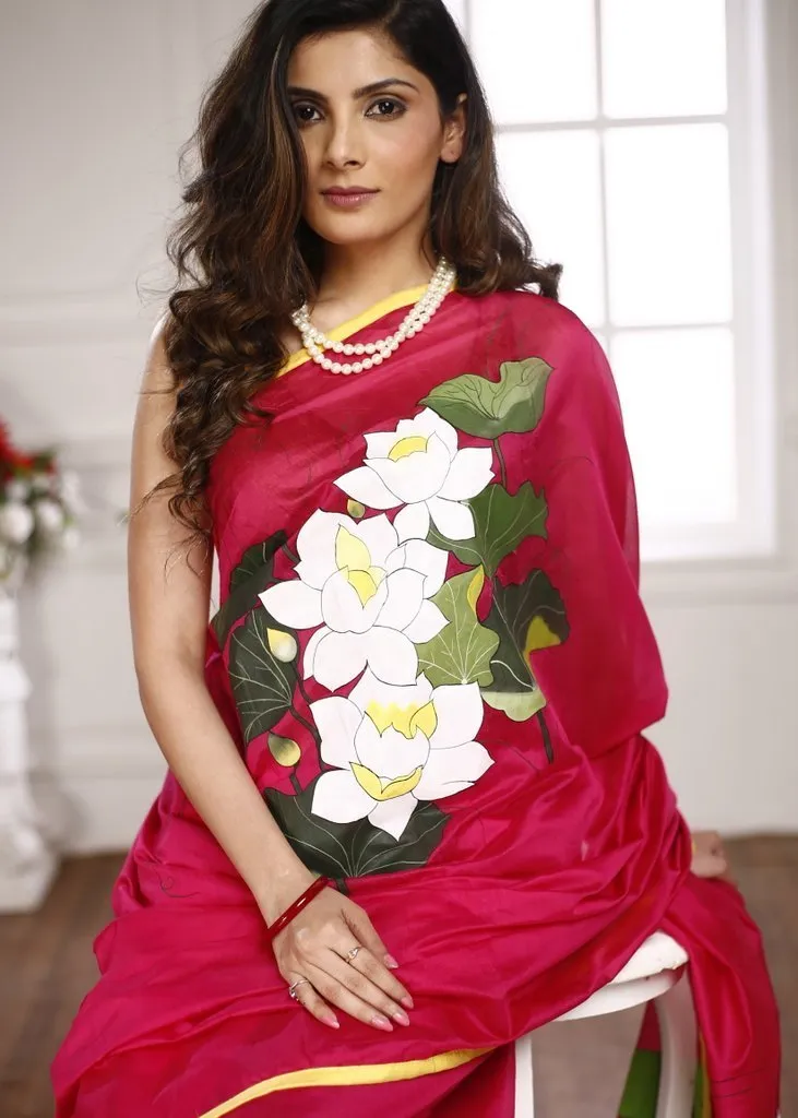 HAND PAINTED PINK CHANDERI SAREE