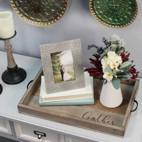 Handcrafted Distressed "Gather" Wood & Metal Tray