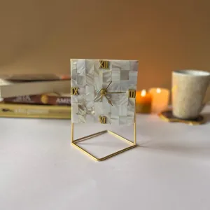 HOMEARTE INDIA Square Shape Desktop Clock Handmade with Mother of Pearl Unique Home Decor Gift Table Clock for Bedroom Livingroom and Office