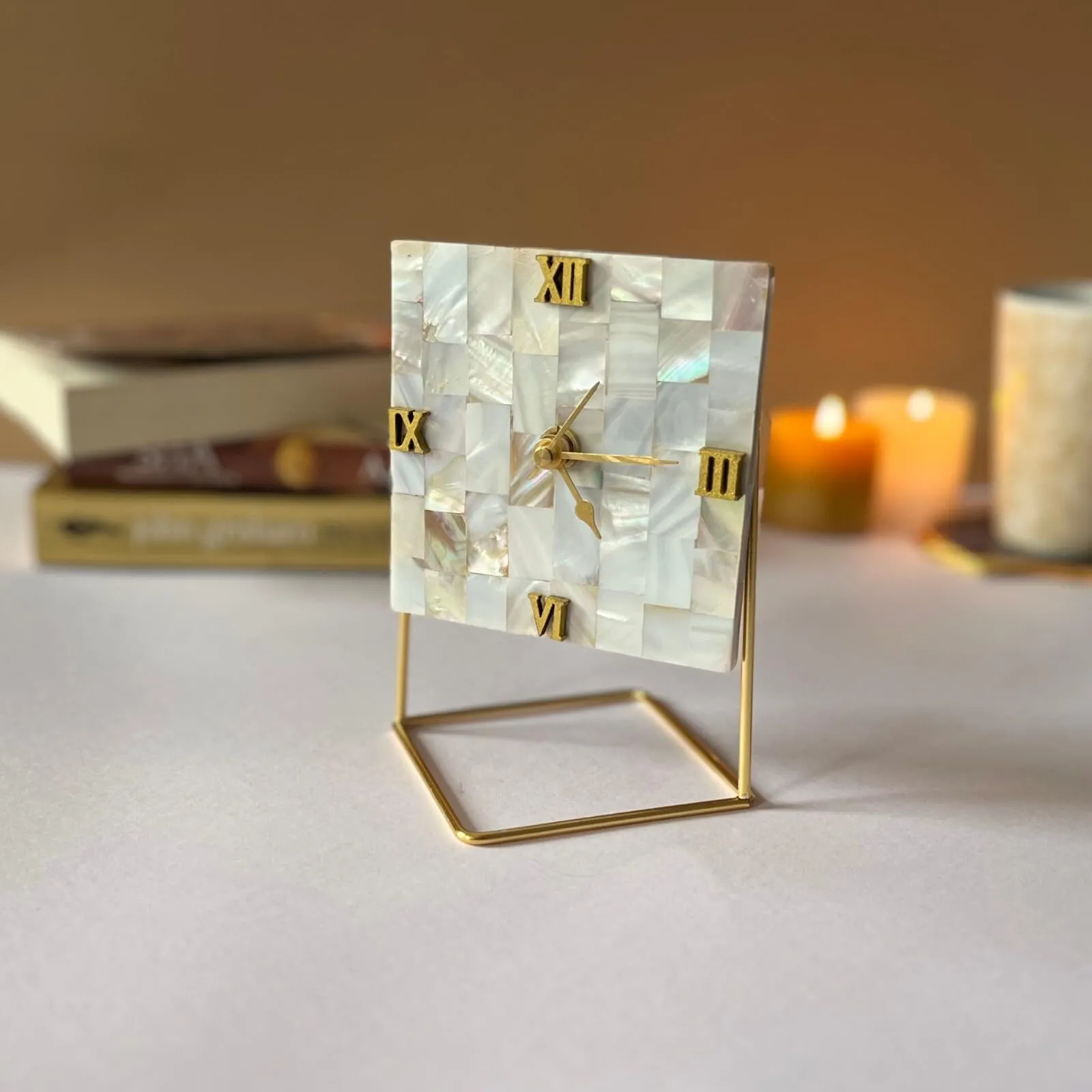 HOMEARTE INDIA Square Shape Desktop Clock Handmade with Mother of Pearl Unique Home Decor Gift Table Clock for Bedroom Livingroom and Office