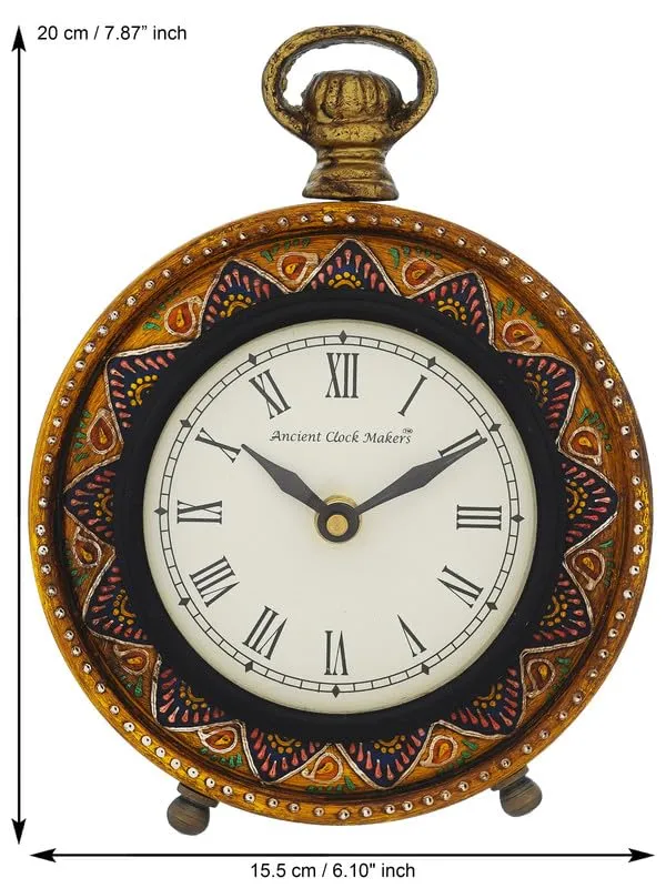 INDIANA CRAFT Traditional Hanger Style Round Yellow Wooden Case Roman Numbers Table Clock Office Desk Decor Home Study Room Gifts (Size: 15.5 x 5 x 20 CM | Weight: 375 Gram)