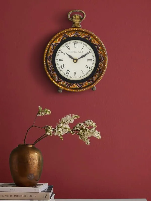 INDIANA CRAFT Traditional Hanger Style Round Yellow Wooden Case Roman Numbers Table Clock Office Desk Decor Home Study Room Gifts (Size: 15.5 x 5 x 20 CM | Weight: 375 Gram)