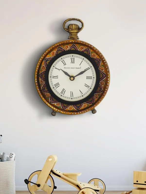 INDIANA CRAFT Traditional Hanger Style Round Yellow Wooden Case Roman Numbers Table Clock Office Desk Decor Home Study Room Gifts (Size: 15.5 x 5 x 20 CM | Weight: 375 Gram)