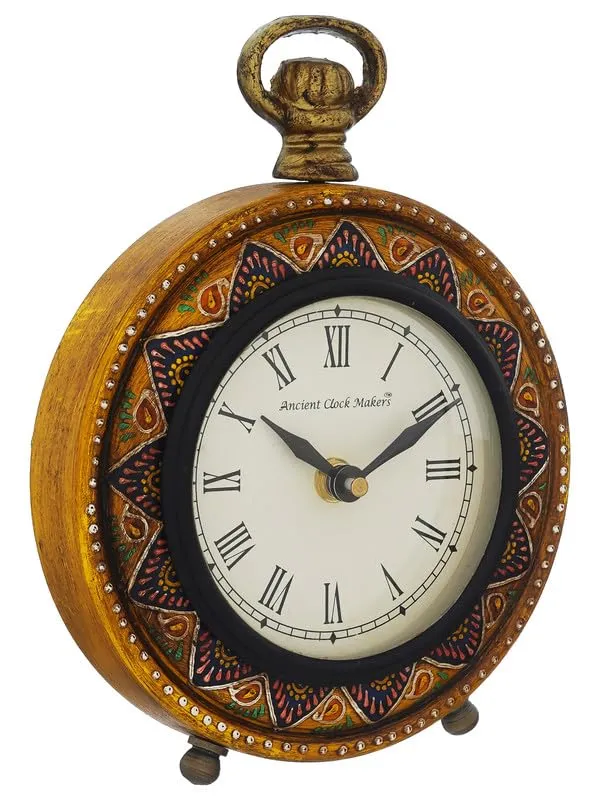 INDIANA CRAFT Traditional Hanger Style Round Yellow Wooden Case Roman Numbers Table Clock Office Desk Decor Home Study Room Gifts (Size: 15.5 x 5 x 20 CM | Weight: 375 Gram)