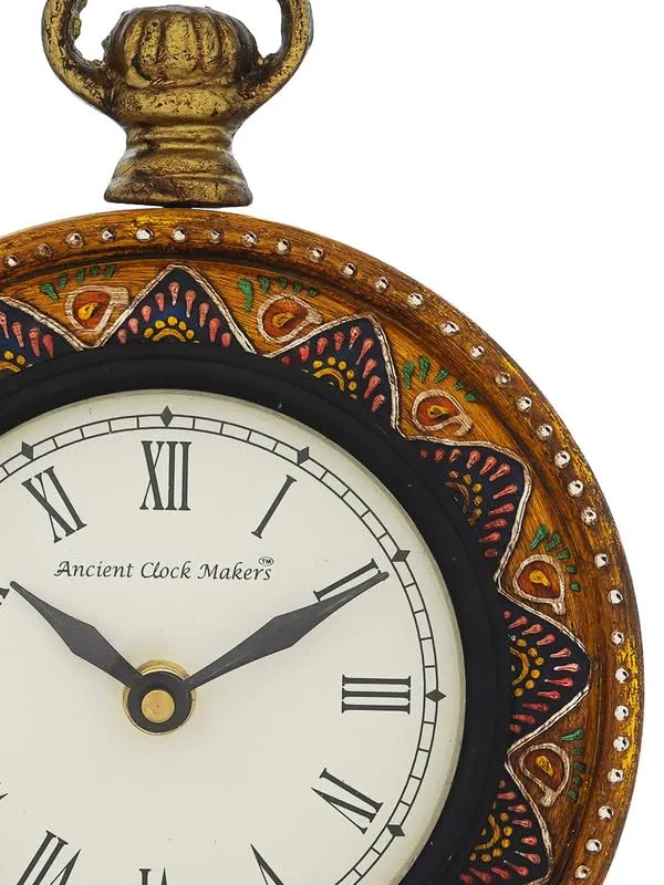 INDIANA CRAFT Traditional Hanger Style Round Yellow Wooden Case Roman Numbers Table Clock Office Desk Decor Home Study Room Gifts (Size: 15.5 x 5 x 20 CM | Weight: 375 Gram)