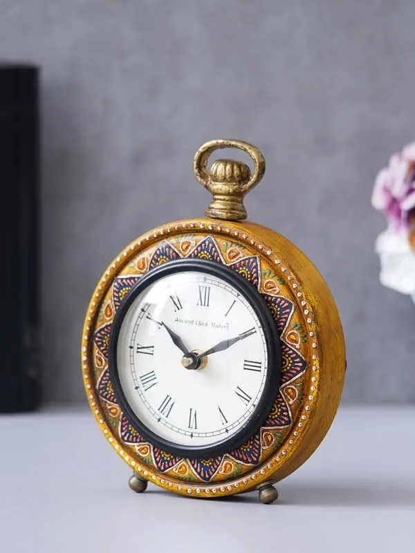 INDIANA CRAFT Traditional Hanger Style Round Yellow Wooden Case Roman Numbers Table Clock Office Desk Decor Home Study Room Gifts (Size: 15.5 x 5 x 20 CM | Weight: 375 Gram)