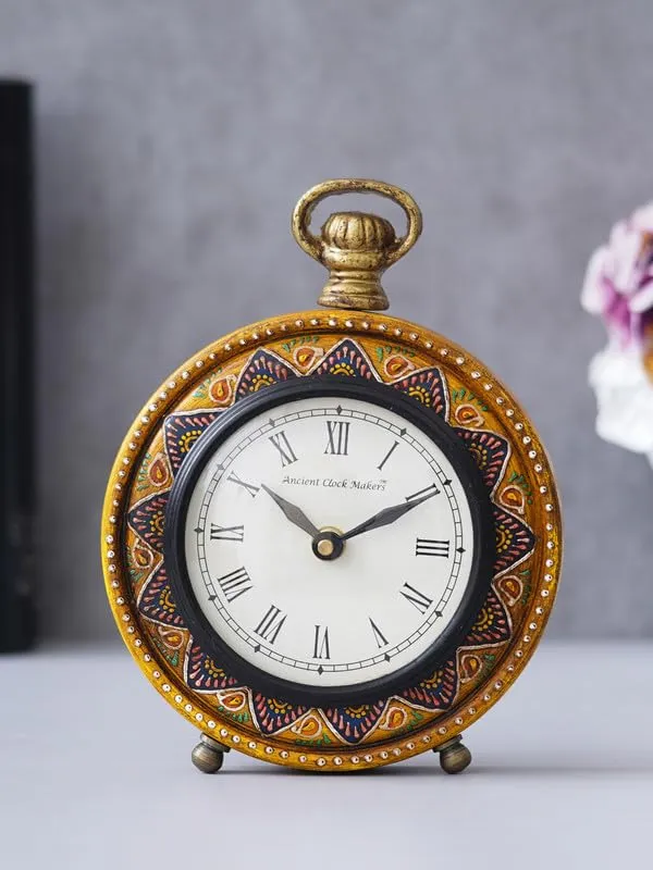 INDIANA CRAFT Traditional Hanger Style Round Yellow Wooden Case Roman Numbers Table Clock Office Desk Decor Home Study Room Gifts (Size: 15.5 x 5 x 20 CM | Weight: 375 Gram)
