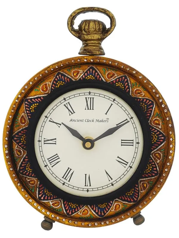 INDIANA CRAFT Traditional Hanger Style Round Yellow Wooden Case Roman Numbers Table Clock Office Desk Decor Home Study Room Gifts (Size: 15.5 x 5 x 20 CM | Weight: 375 Gram)