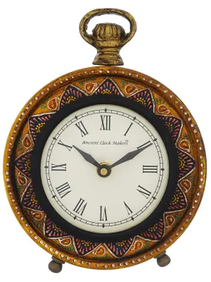 INDIANA CRAFT Traditional Hanger Style Round Yellow Wooden Case Roman Numbers Table Clock Office Desk Decor Home Study Room Gifts (Size: 15.5 x 5 x 20 CM | Weight: 375 Gram)