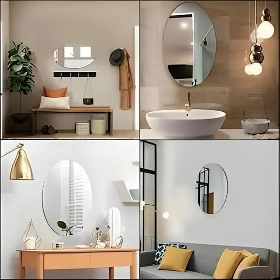 JAMBUVANTI Oval Shape Adhesive Mirror Sticker for Wall on Tiles Bathroom Bedroom Living Room Basin Mirror Bathroom Wall Mirror Stickers Unbreakable Plastic Mirror Stickers for Wall 30 * 20 (Pack of 1)