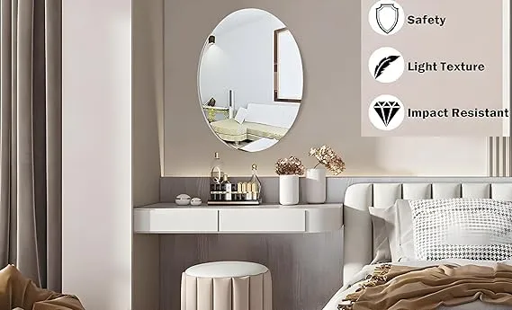 JAMBUVANTI Oval Shape Adhesive Mirror Sticker for Wall on Tiles Bathroom Bedroom Living Room Basin Mirror Bathroom Wall Mirror Stickers Unbreakable Plastic Mirror Stickers for Wall 30 * 20 (Pack of 1)