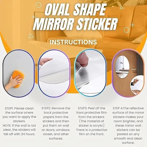 JAMBUVANTI Oval Shape Adhesive Mirror Sticker for Wall on Tiles Bathroom Bedroom Living Room Basin Mirror Bathroom Wall Mirror Stickers Unbreakable Plastic Mirror Stickers for Wall 30 * 20 (Pack of 1)