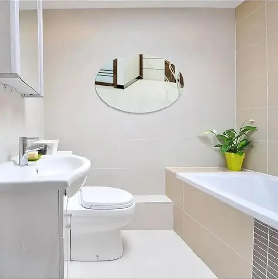 JAMBUVANTI Oval Shape Adhesive Mirror Sticker for Wall on Tiles Bathroom Bedroom Living Room Basin Mirror Bathroom Wall Mirror Stickers Unbreakable Plastic Mirror Stickers for Wall 30 * 20 (Pack of 1)