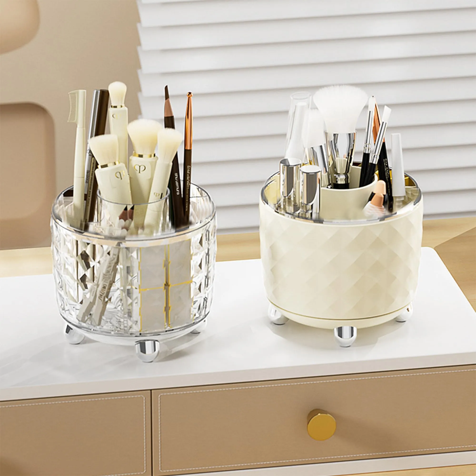 Kuber Industries Multipurpose Storage Holder | Decorative Crystal Finish Stylish Look | Makeup Brush Holder | Desk Storage Container | YM.6698CS | Cream Silver