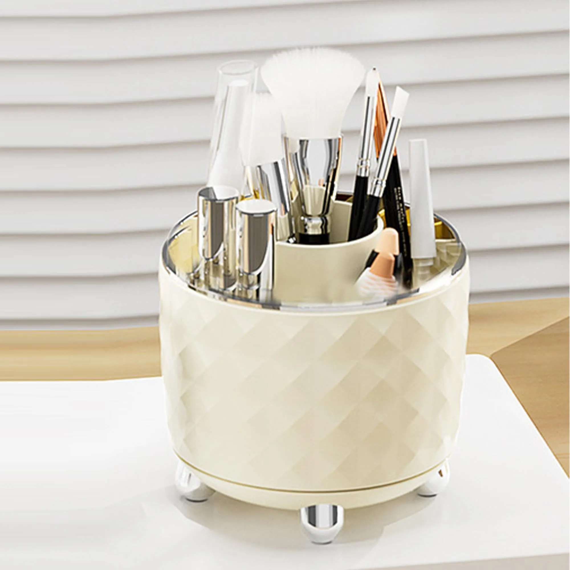 Kuber Industries Multipurpose Storage Holder | Decorative Crystal Finish Stylish Look | Makeup Brush Holder | Desk Storage Container | YM.6698CS | Cream Silver