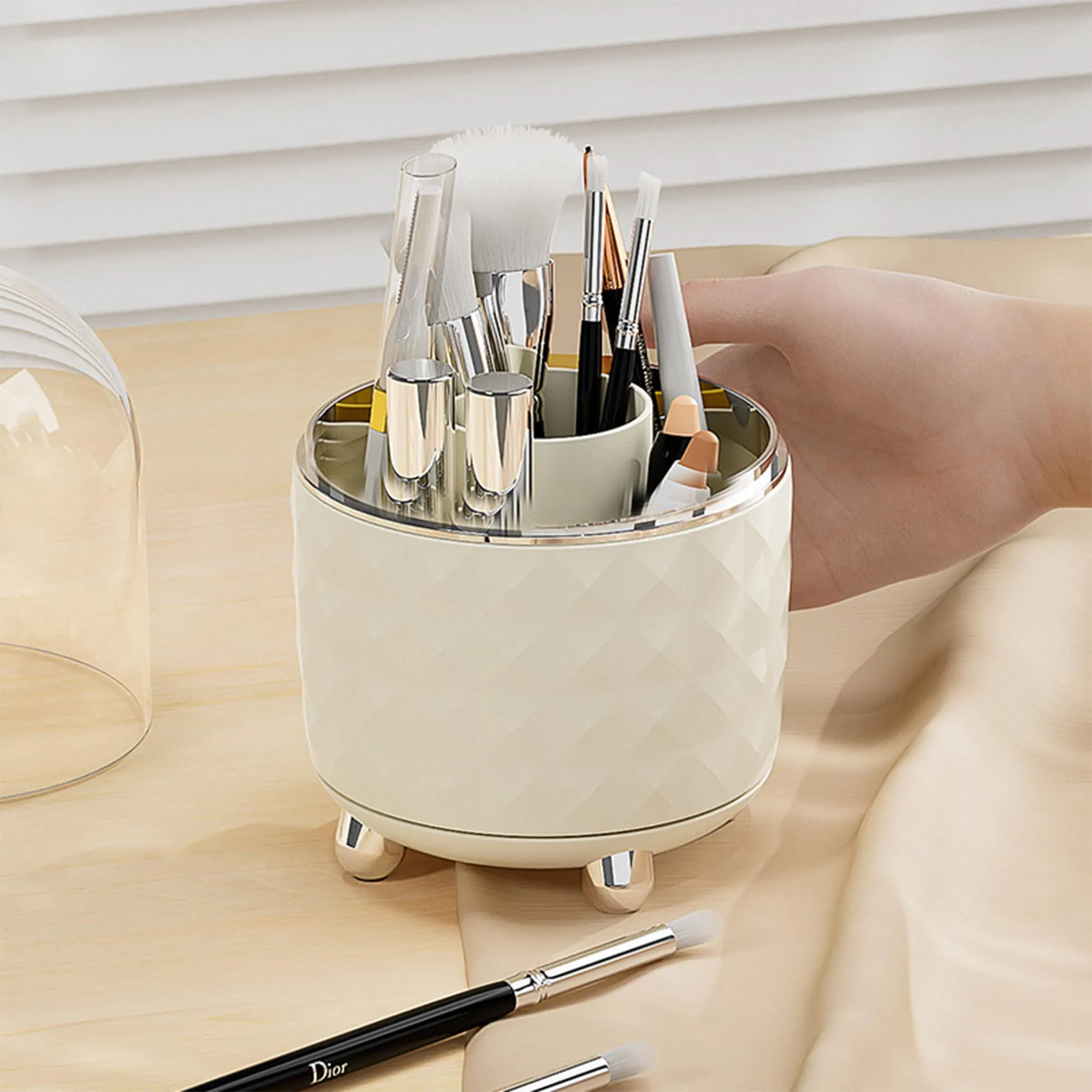 Kuber Industries Multipurpose Storage Holder | Decorative Crystal Finish Stylish Look | Makeup Brush Holder | Desk Storage Container | YM.6698CS | Cream Silver