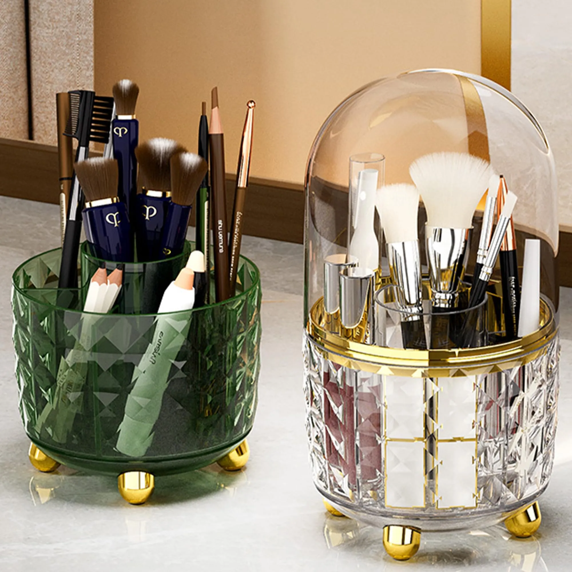 Kuber Industries Pack of 5 Multipurpose Storage Holder | Decorative Crystal Finish Stylish Look | Makeup Brush Holder | Desk Storage Container | YM.6698T | Transparent Gold