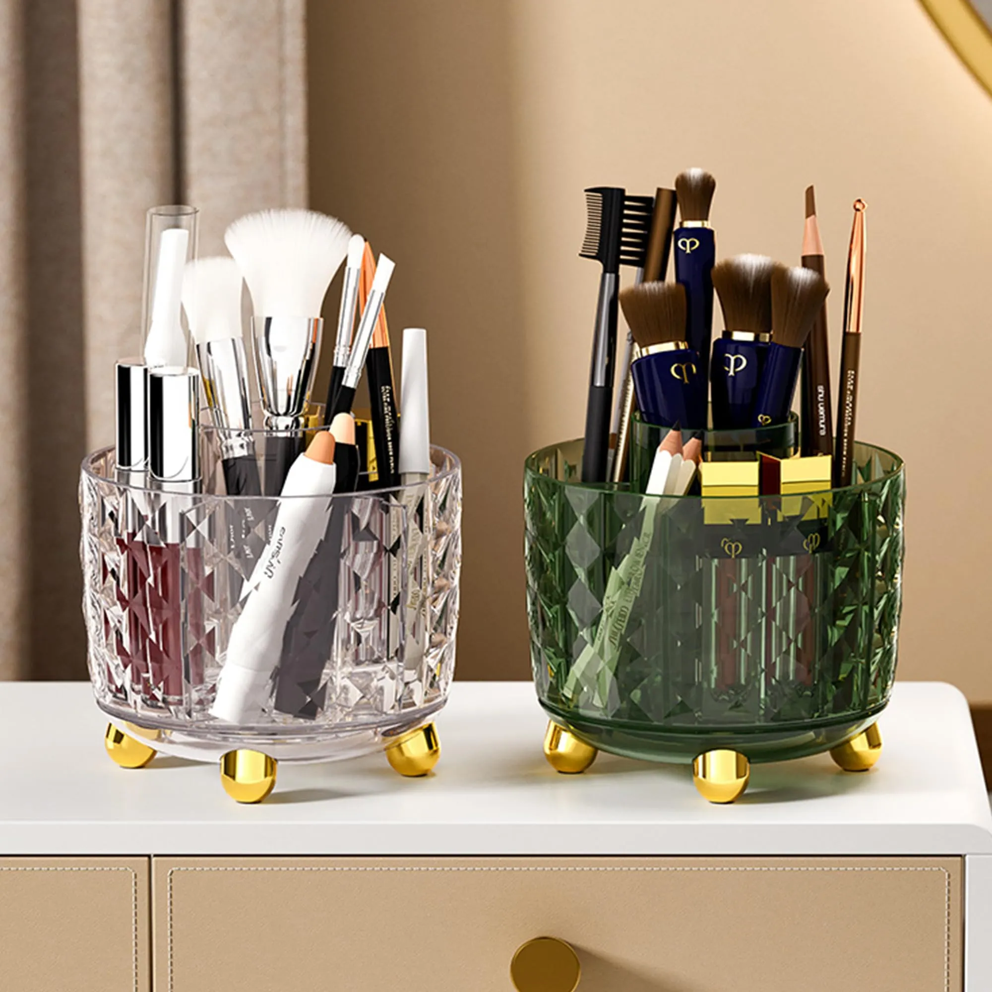 Kuber Industries Pack of 5 Multipurpose Storage Holder | Decorative Crystal Finish Stylish Look | Makeup Brush Holder | Desk Storage Container | YM.6698T | Transparent Gold
