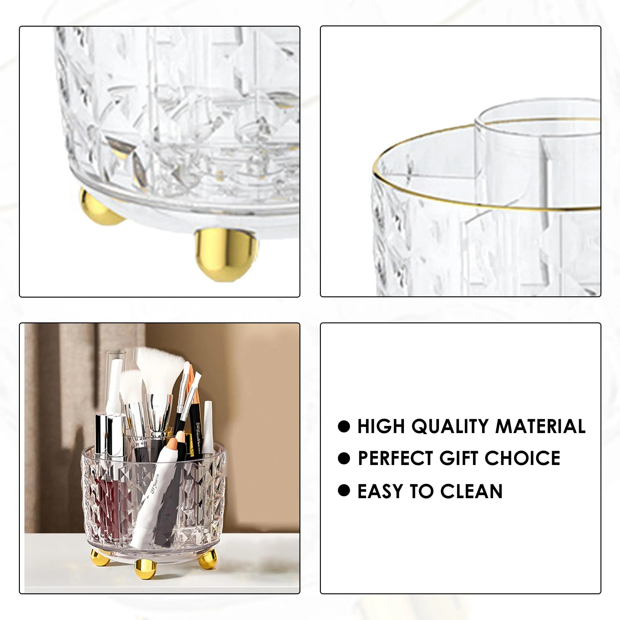 Kuber Industries Pack of 5 Multipurpose Storage Holder | Decorative Crystal Finish Stylish Look | Makeup Brush Holder | Desk Storage Container | YM.6698T | Transparent Gold