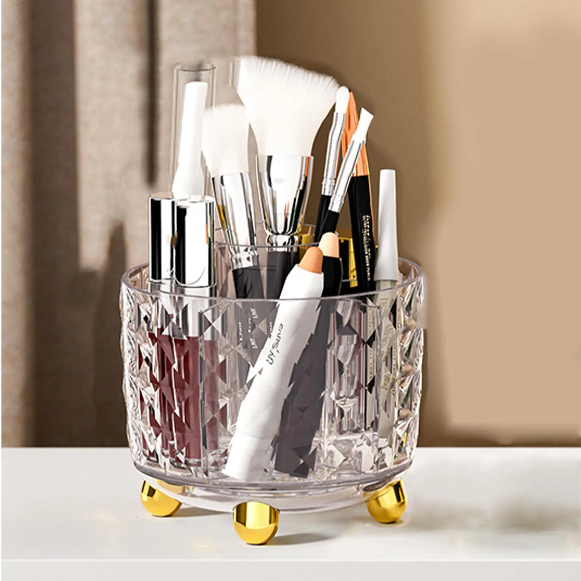 Kuber Industries Pack of 5 Multipurpose Storage Holder | Decorative Crystal Finish Stylish Look | Makeup Brush Holder | Desk Storage Container | YM.6698T | Transparent Gold