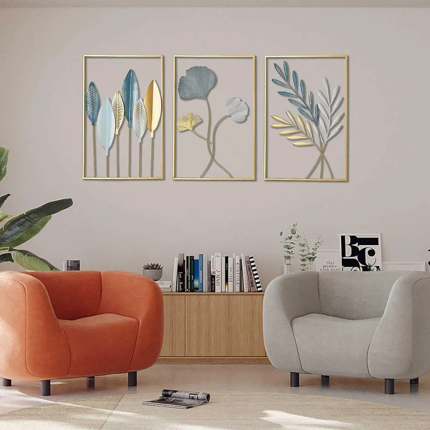 LIOTIZ Wall Decor Modern Wall Sculpture for Living Room, Golden Leaf Room Decor Metal Wall Hanging Art Deco,Ginkgo Leaf Hanging Wall Art Sculpture for Home Decor Ornaments (All Set Of 3)