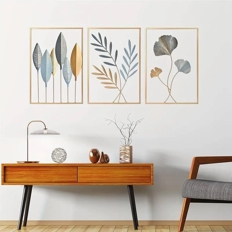 LIOTIZ Wall Decor Modern Wall Sculpture for Living Room, Golden Leaf Room Decor Metal Wall Hanging Art Deco,Ginkgo Leaf Hanging Wall Art Sculpture for Home Decor Ornaments (All Set Of 3)