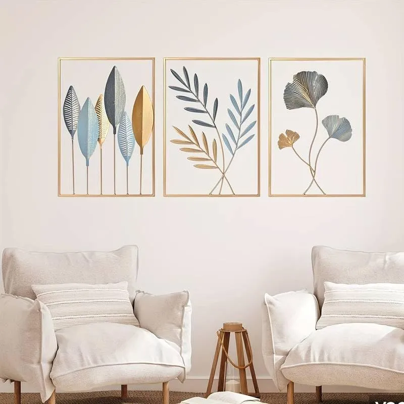 LIOTIZ Wall Decor Modern Wall Sculpture for Living Room, Golden Leaf Room Decor Metal Wall Hanging Art Deco,Ginkgo Leaf Hanging Wall Art Sculpture for Home Decor Ornaments (All Set Of 3)