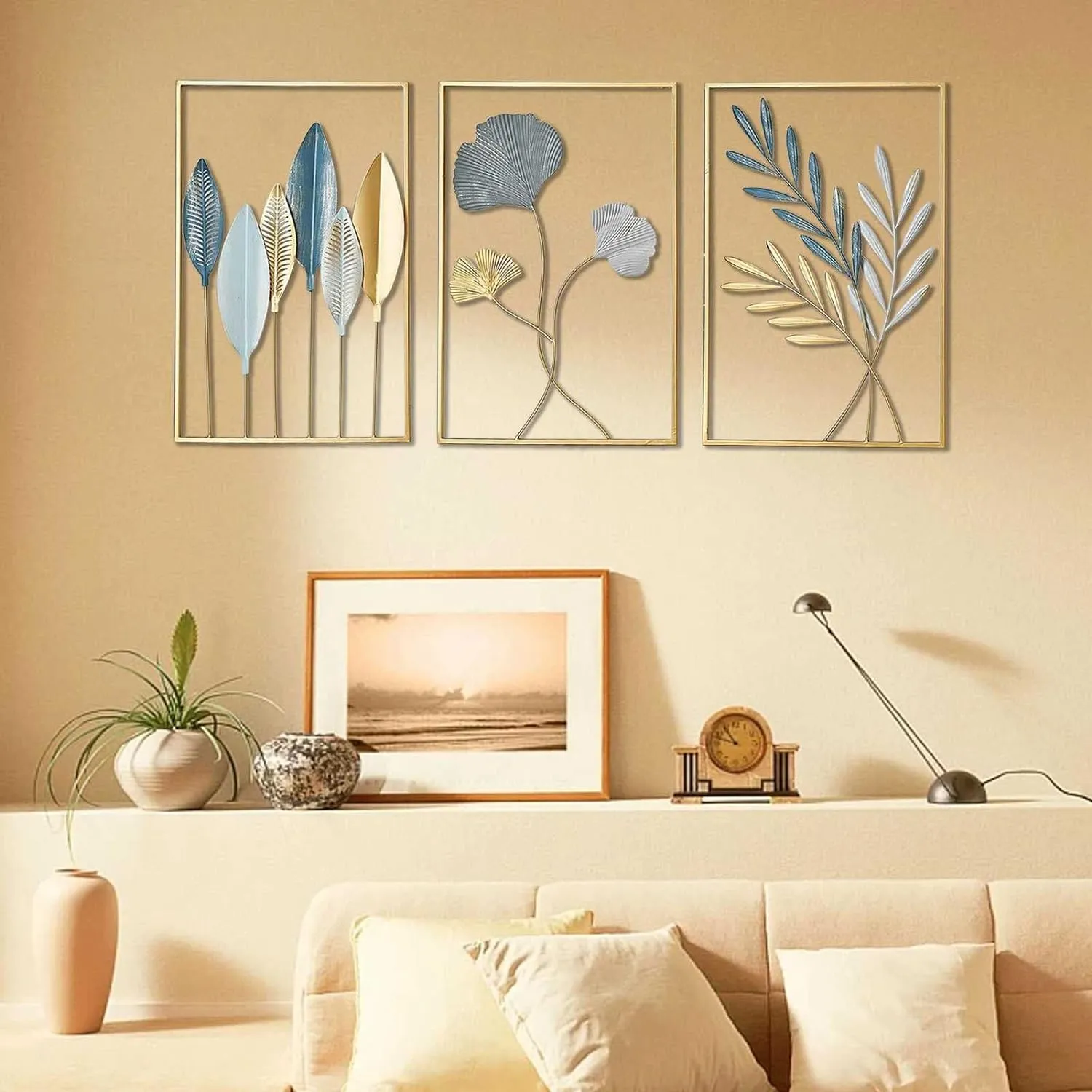 LIOTIZ Wall Decor Modern Wall Sculpture for Living Room, Golden Leaf Room Decor Metal Wall Hanging Art Deco,Ginkgo Leaf Hanging Wall Art Sculpture for Home Decor Ornaments (All Set Of 3)