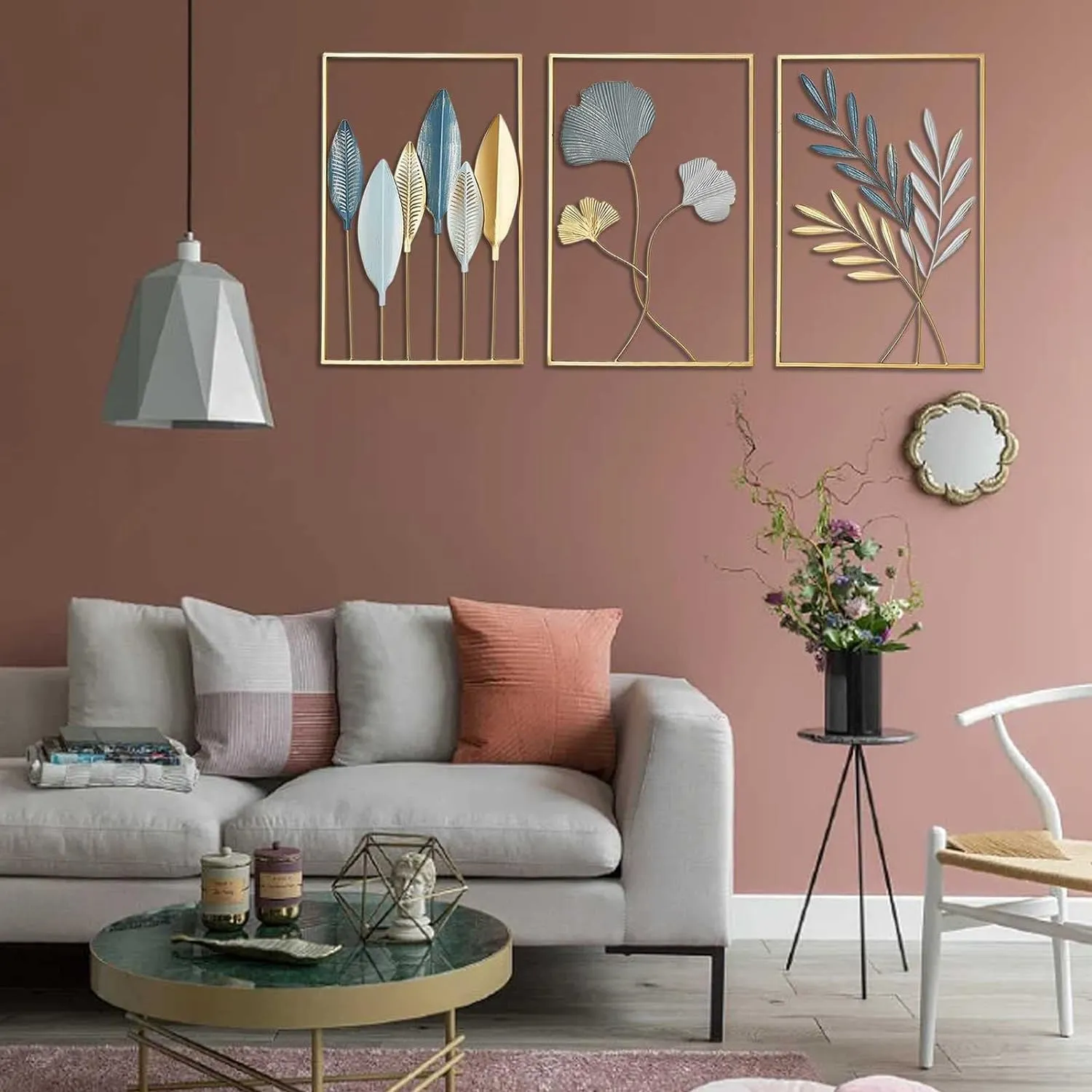 LIOTIZ Wall Decor Modern Wall Sculpture for Living Room, Golden Leaf Room Decor Metal Wall Hanging Art Deco,Ginkgo Leaf Hanging Wall Art Sculpture for Home Decor Ornaments (All Set Of 3)