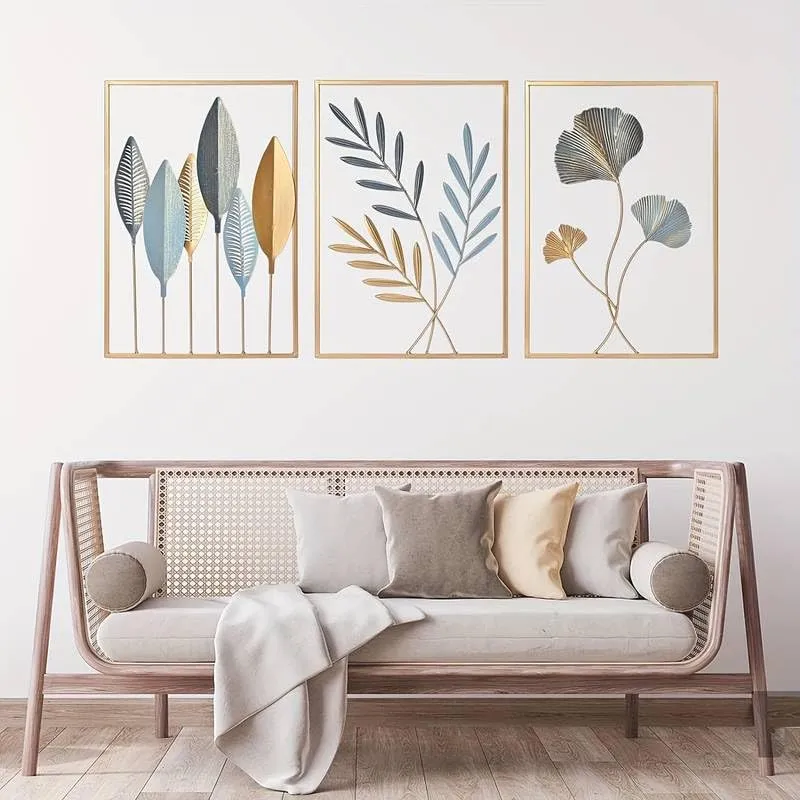 LIOTIZ Wall Decor Modern Wall Sculpture for Living Room, Golden Leaf Room Decor Metal Wall Hanging Art Deco,Ginkgo Leaf Hanging Wall Art Sculpture for Home Decor Ornaments (All Set Of 3)