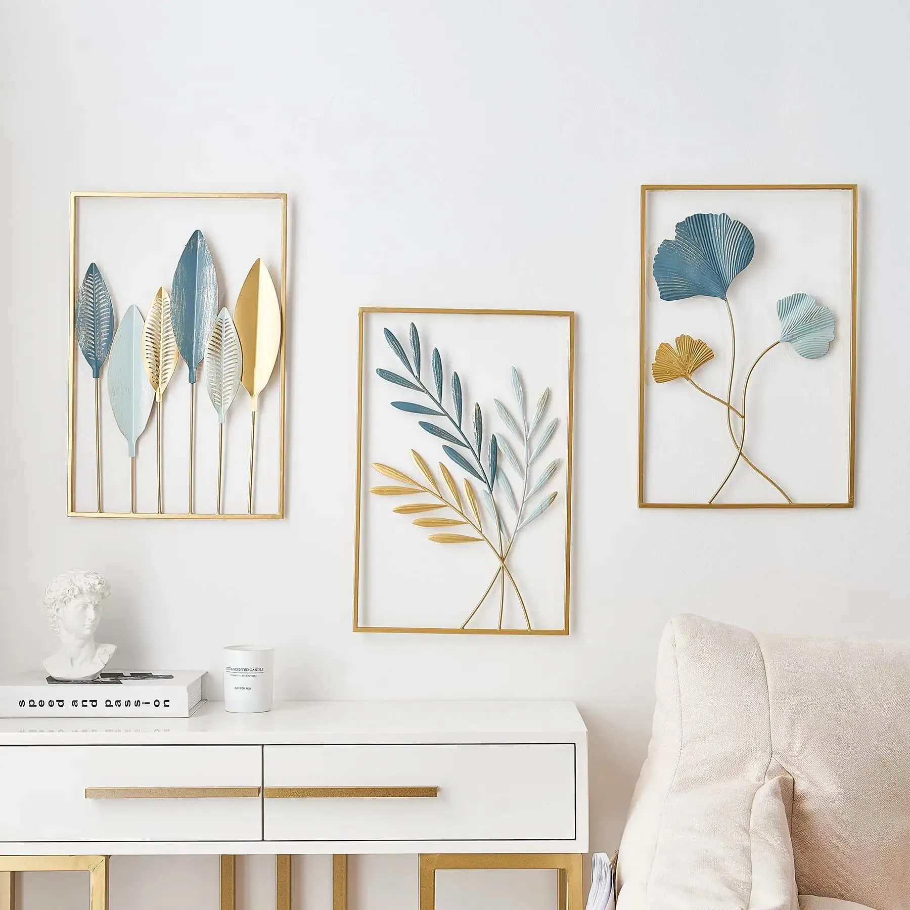 LIOTIZ Wall Decor Modern Wall Sculpture for Living Room, Golden Leaf Room Decor Metal Wall Hanging Art Deco,Ginkgo Leaf Hanging Wall Art Sculpture for Home Decor Ornaments (All Set Of 3)