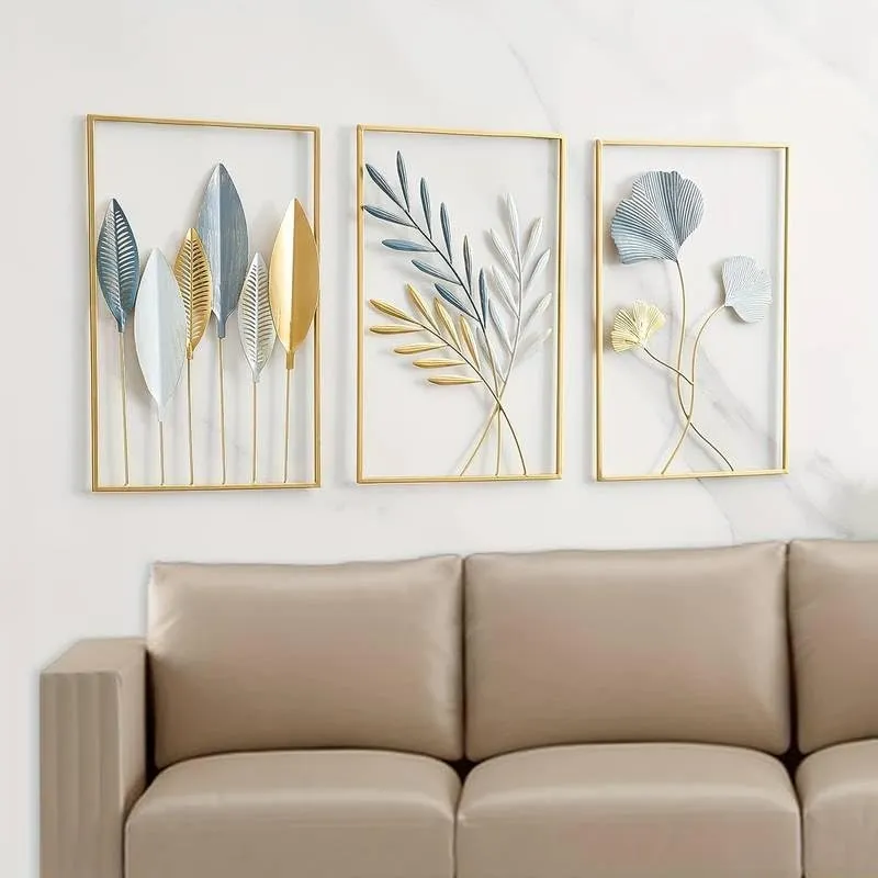 LIOTIZ Wall Decor Modern Wall Sculpture for Living Room, Golden Leaf Room Decor Metal Wall Hanging Art Deco,Ginkgo Leaf Hanging Wall Art Sculpture for Home Decor Ornaments (All Set Of 3)
