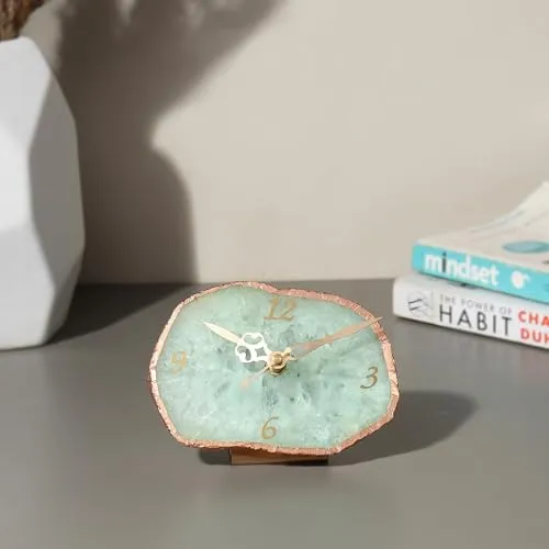 MARMEX Agate or Semi-Precious Table Clock with Rose Gold Edge | Gemstone Desk Clock | Elegant Home Décor | Handcrafted Clock