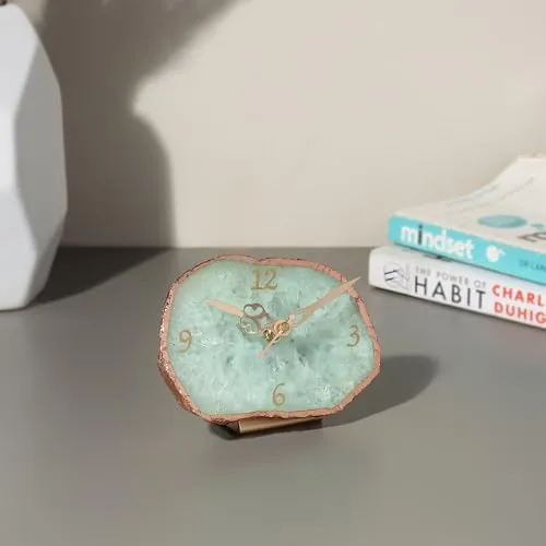 MARMEX Agate or Semi-Precious Table Clock with Rose Gold Edge | Gemstone Desk Clock | Elegant Home Décor | Handcrafted Clock