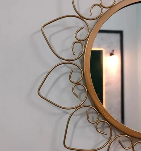 Metal Decorative Mirror Wall Mounted Hanging Mirror Metal Golden Rose Design Modern Art Mirror for Home Décor(Black) (Gold)