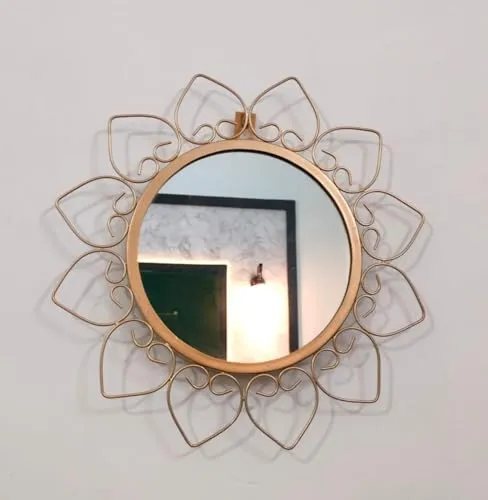 Metal Decorative Mirror Wall Mounted Hanging Mirror Metal Golden Rose Design Modern Art Mirror for Home Décor(Black) (Gold)
