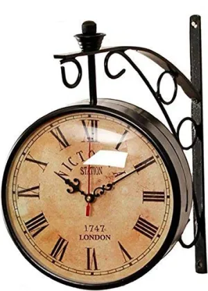 Metal London Vintage Victoria Double Sided Station Wall Clock with dial (Black, Brown, 6 inches dial Size)