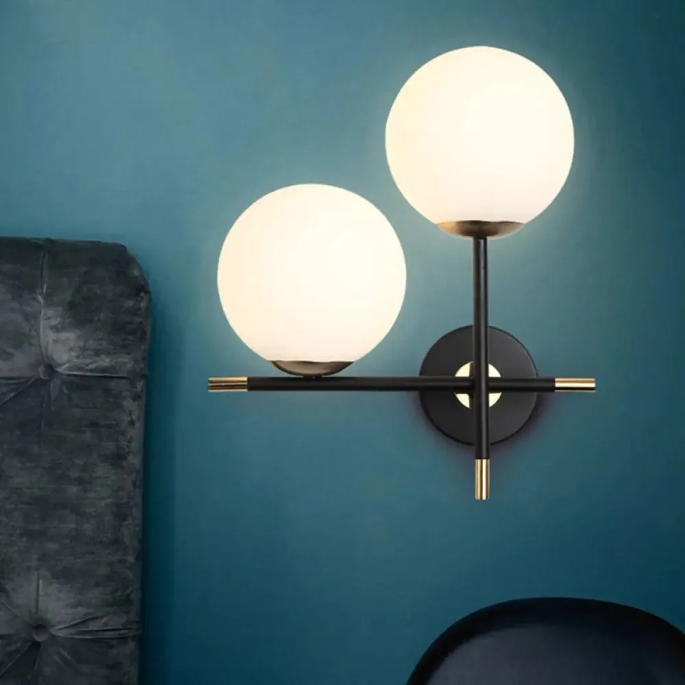 Modern Black Wall Sconce with Milky Glass Shade - 2 Bulbs, Globe Light Fixture