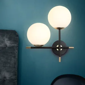 Modern Black Wall Sconce with Milky Glass Shade - 2 Bulbs, Globe Light Fixture