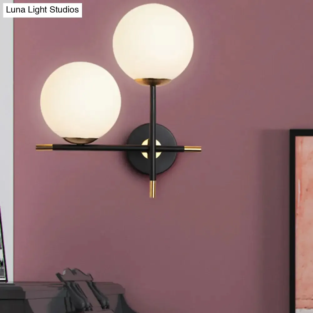 Modern Black Wall Sconce with Milky Glass Shade - 2 Bulbs, Globe Light Fixture