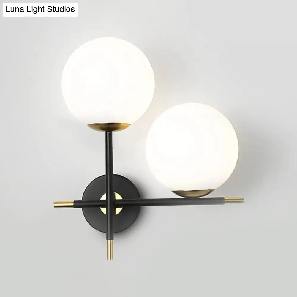 Modern Black Wall Sconce with Milky Glass Shade - 2 Bulbs, Globe Light Fixture