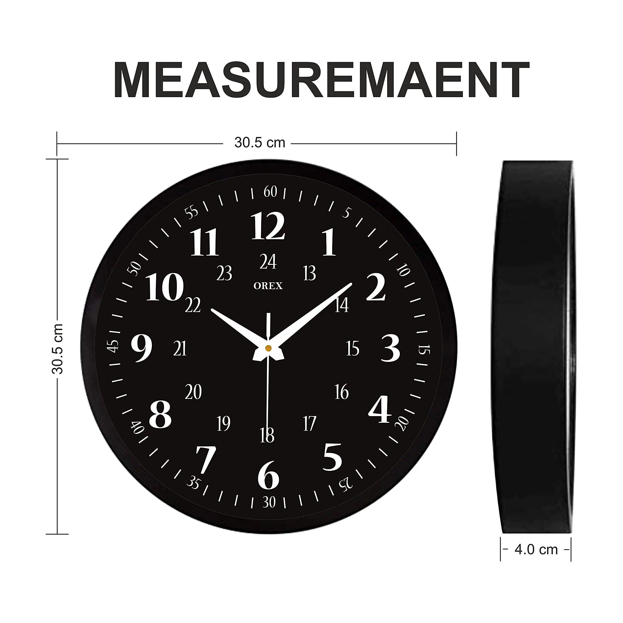 OREX Plastic Analog Wall Clock For Home/Living Room/Bedroom (Black 24 Hour)